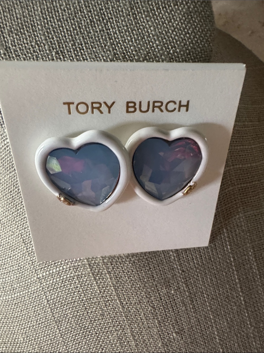 Tory Burch White Heart Stud Earrings with Iridescent Blue Centers